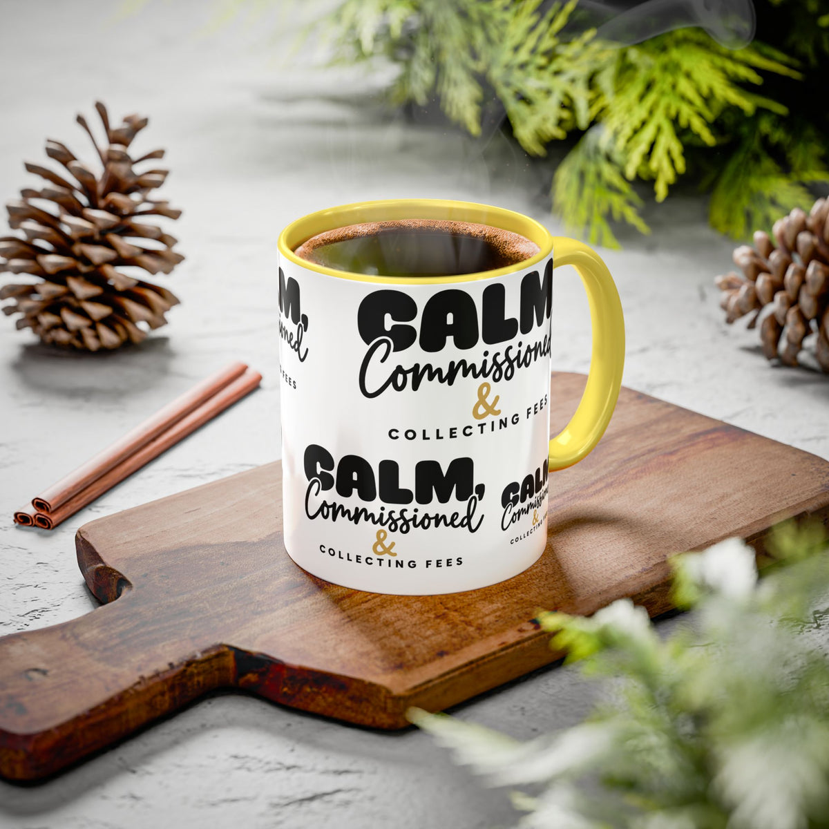 Calm, Commissioned & Collecting Fees Accent Coffee Mug — Notary Public Gift