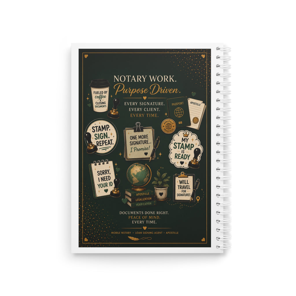 Notary Work Spiral Notebook — "Purpose Driven" Notary Journal with Stamps & Quotes