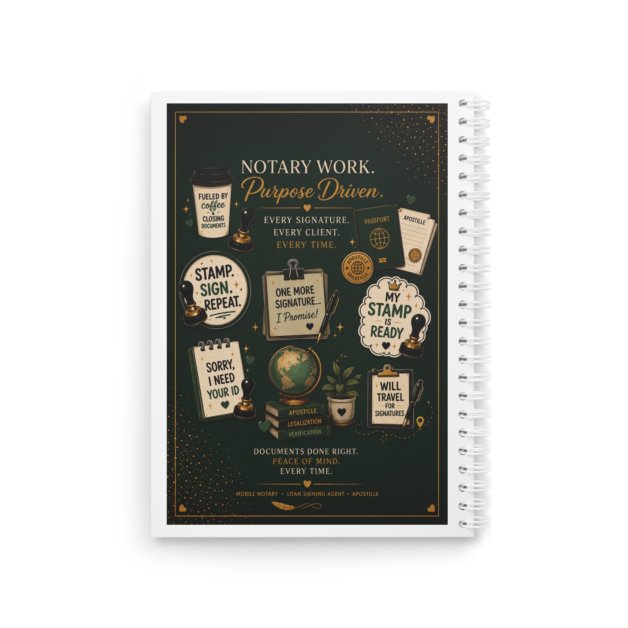 Notary Work Spiral Notebook — "Purpose Driven" Notary Journal with Stamps & Quotes