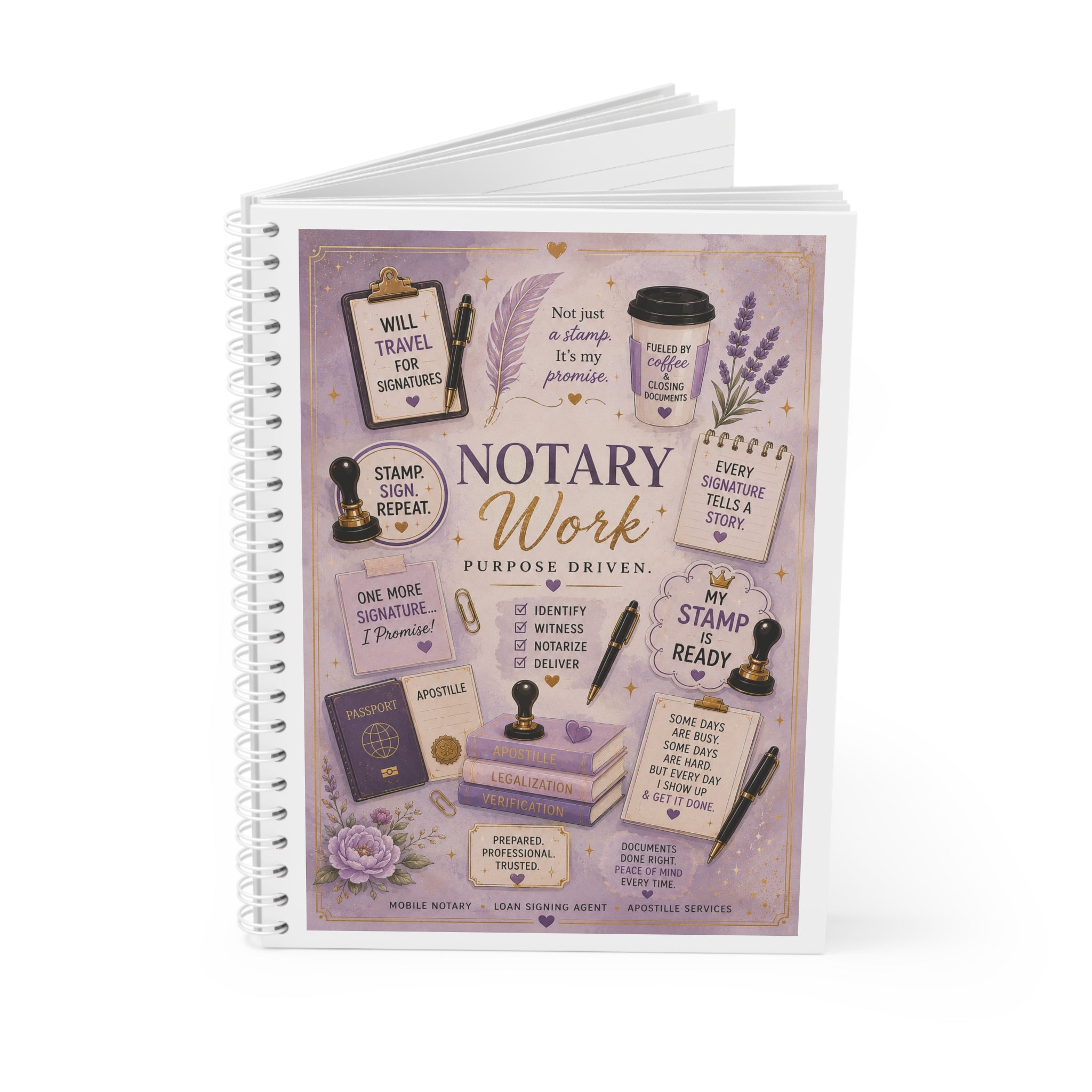 Notary Work. Purpose Driven. Spiral Notebook | Lavender Notary Journal | Mobile Notary Notebook | Loan Signing Agent Planner | Office Stationery Gift