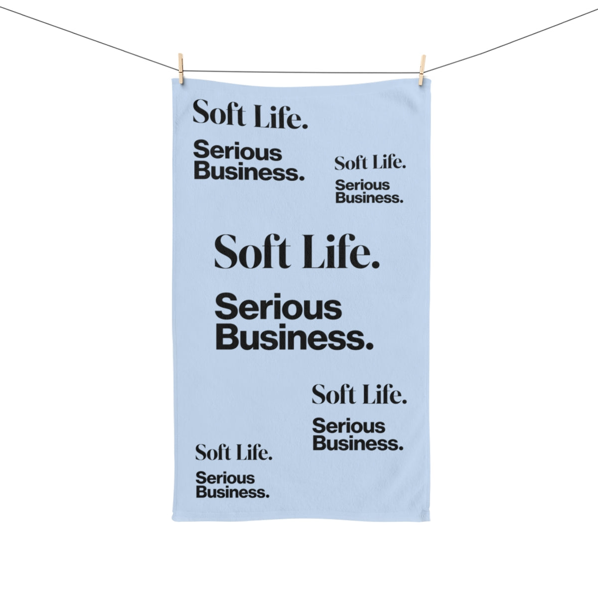 Soft Life. Serious Business. Baby Blue Hand Towel — Trendy Minimal Text Pattern