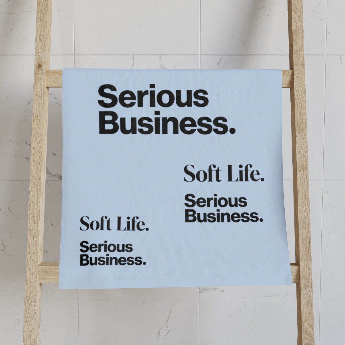 Soft Life. Serious Business. Baby Blue Hand Towel — Trendy Minimal Text Pattern