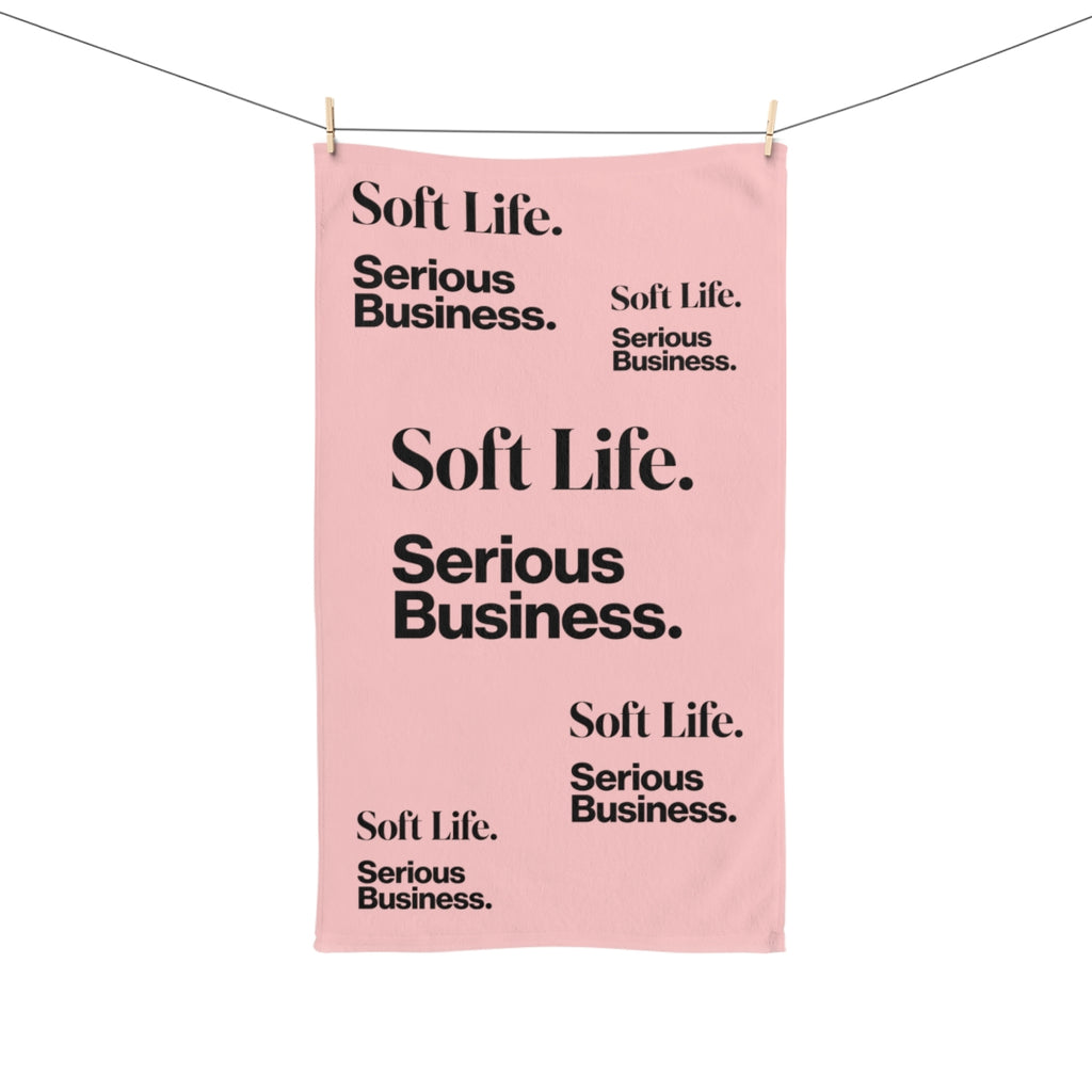 Soft Life. Serious Business. Blush Pink Hand Towel — Trendy Minimal Text Pattern
