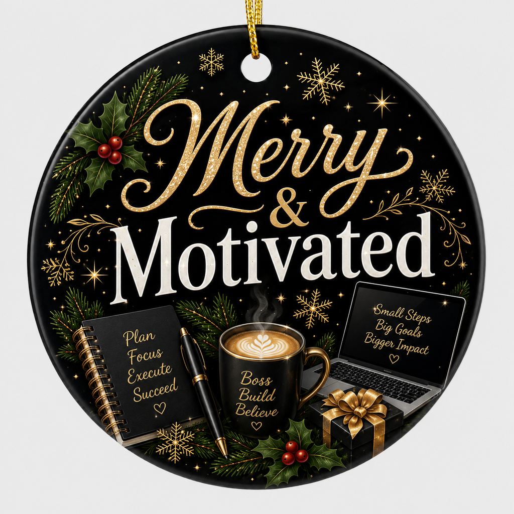 Merry & Motivated Ceramic Ornament – Small Business Owner Christmas Gift