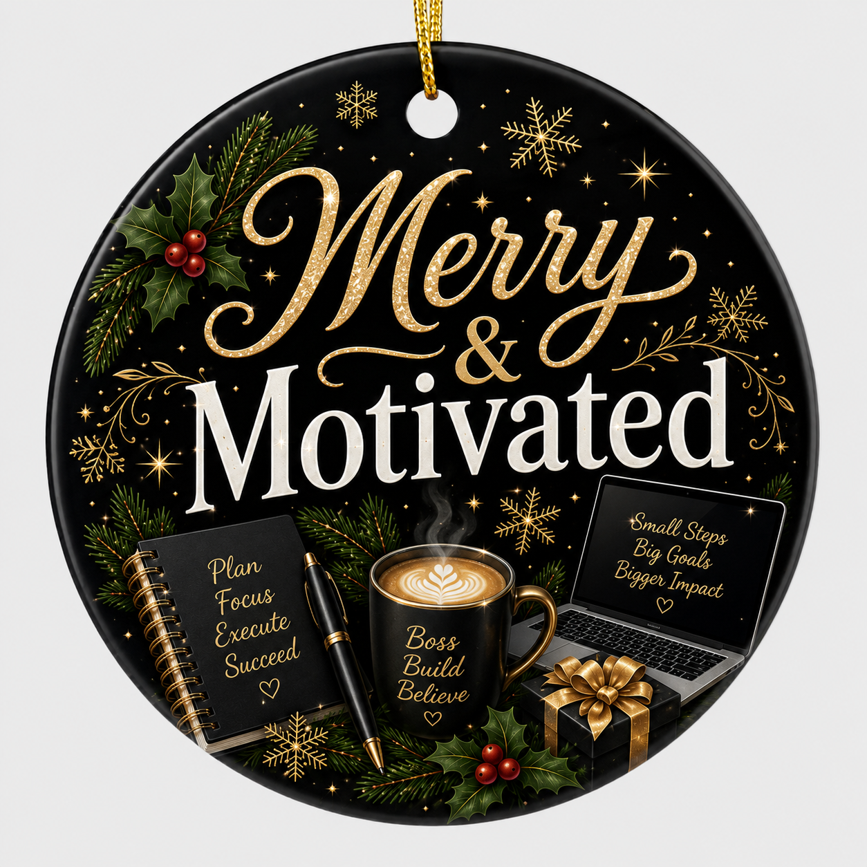 Merry & Motivated Ceramic Ornament – Small Business Owner Christmas Gift