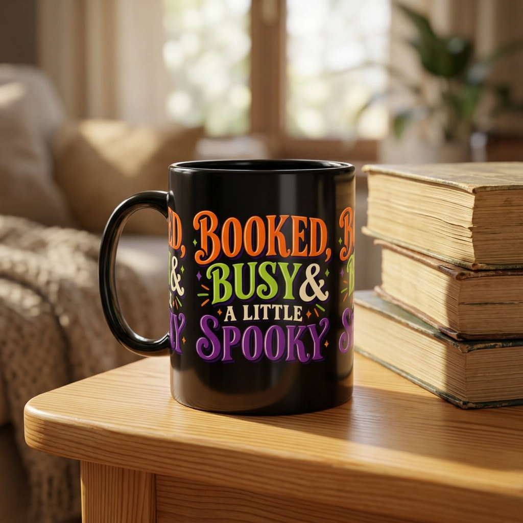 Booked, Busy & a Little Spooky Mug — Halloween Book Lover Coffee Cup