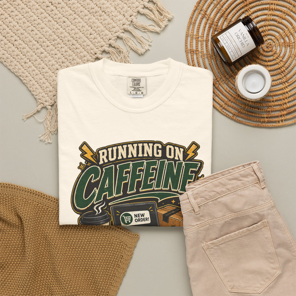 Funny Small Business Owner T-Shirt — “Running on Caffeine, Orders & Audacity” Graphic Tee