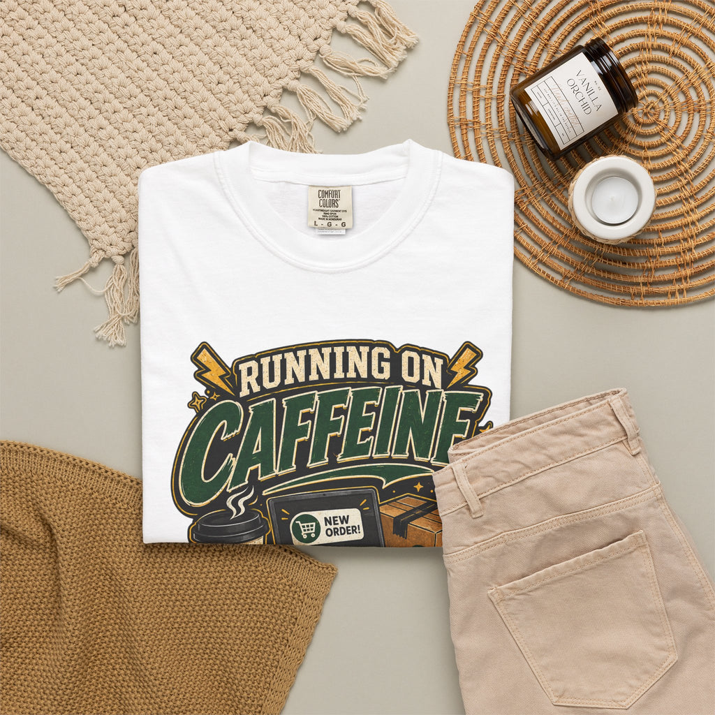 Funny Small Business Owner T-Shirt — “Running on Caffeine, Orders & Audacity” Graphic Tee