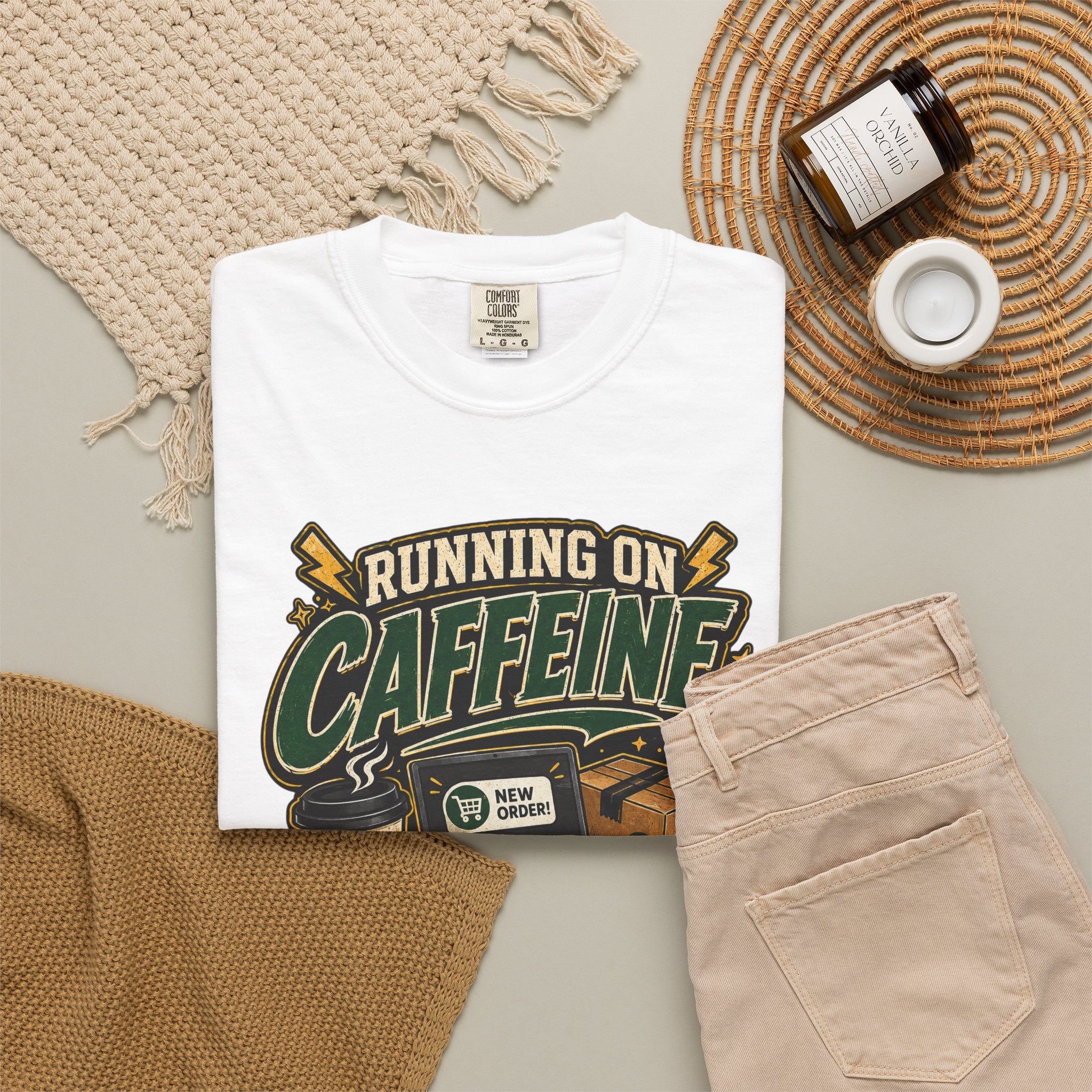 Funny Small Business Owner T-Shirt — “Running on Caffeine, Orders & Audacity” Graphic Tee