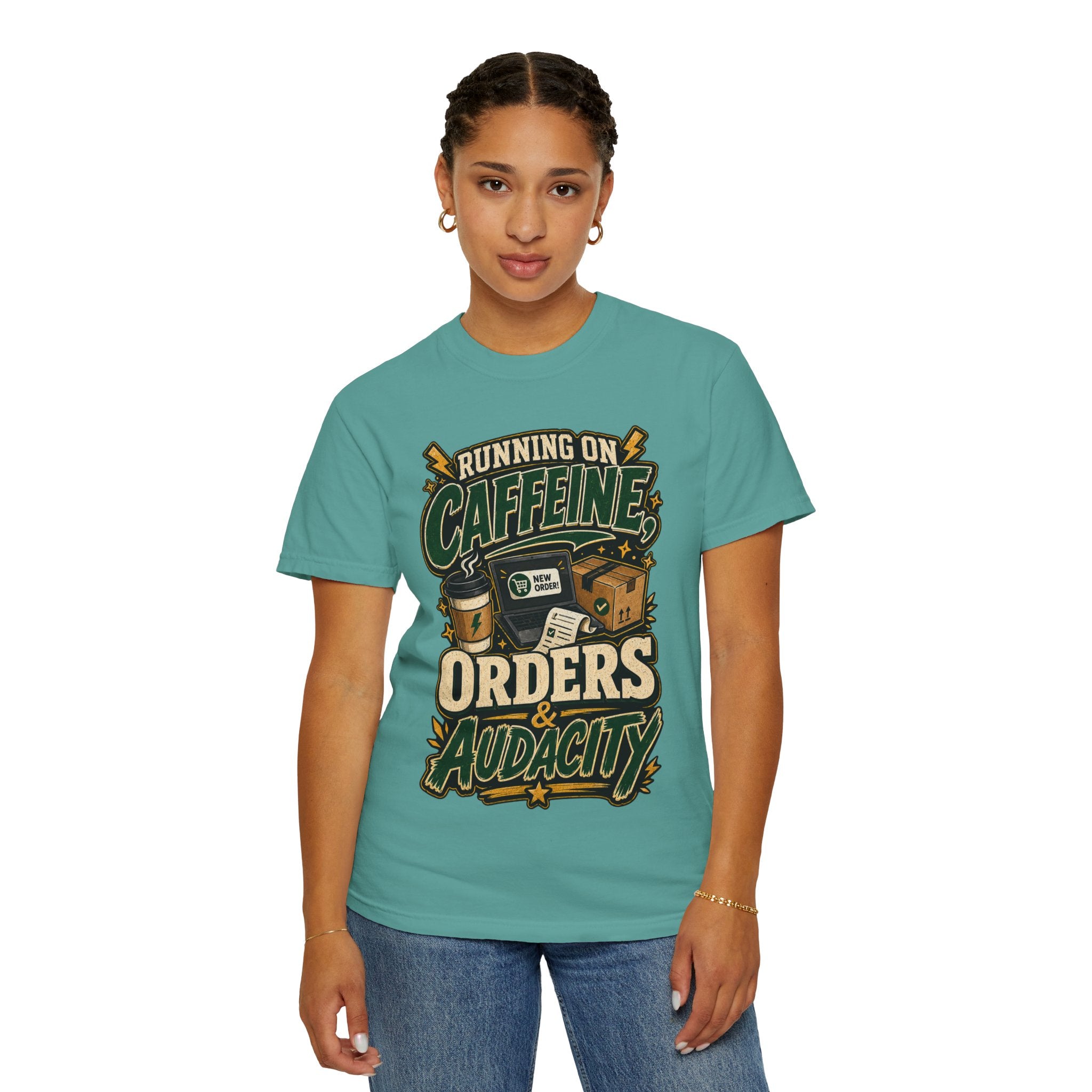 Funny Small Business Owner T-Shirt — “Running on Caffeine, Orders & Audacity” Graphic Tee