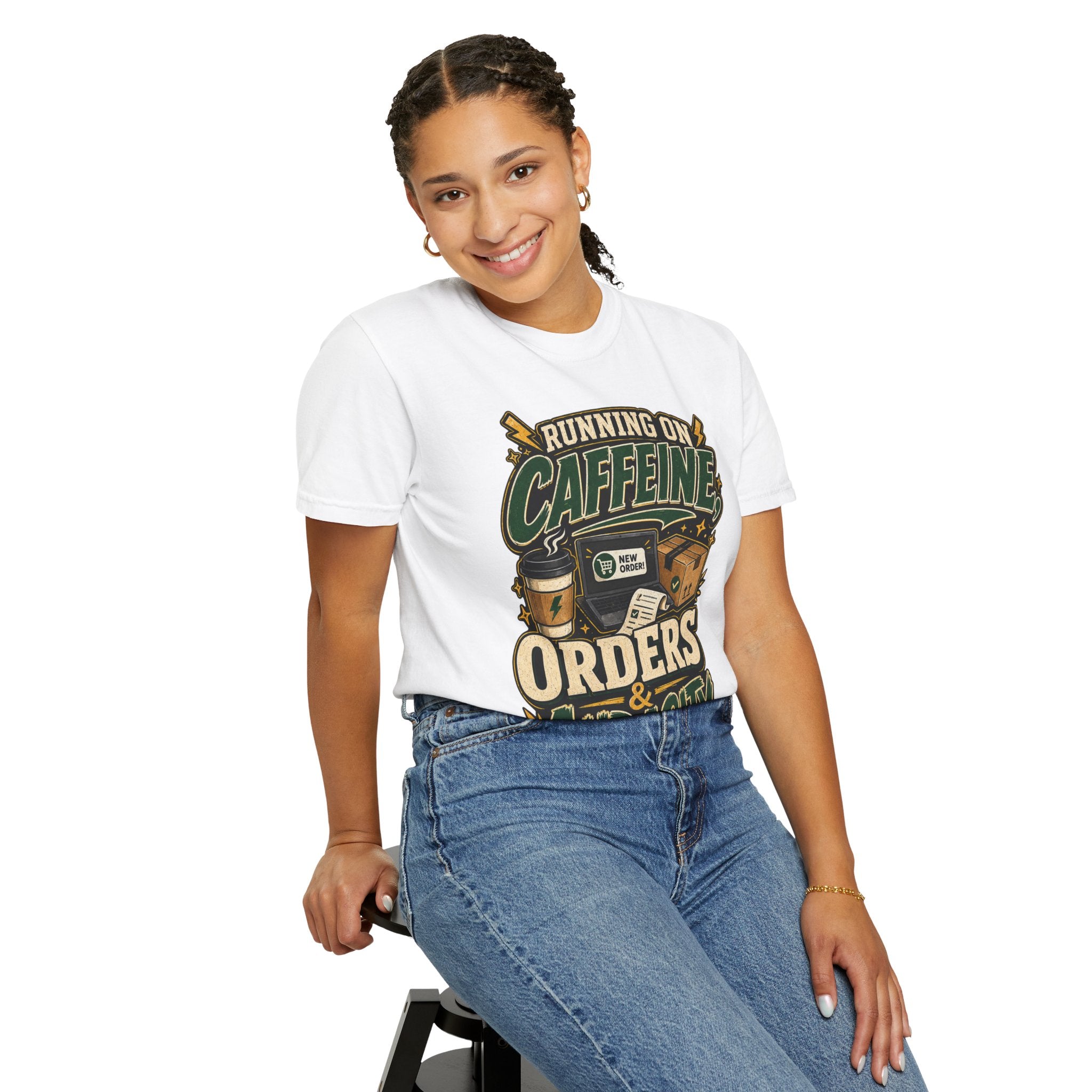 Funny Small Business Owner T-Shirt — “Running on Caffeine, Orders & Audacity” Graphic Tee