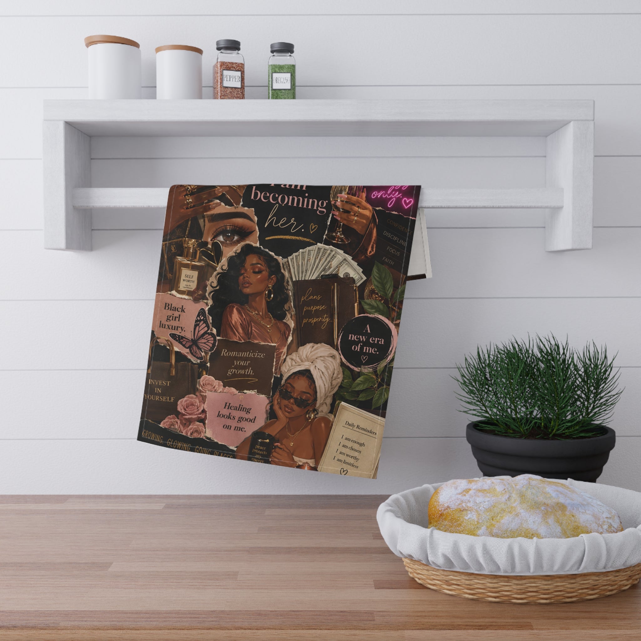 I Am Becoming Her Tea Towel — Empowerment Collage Cotton Kitchen Towel