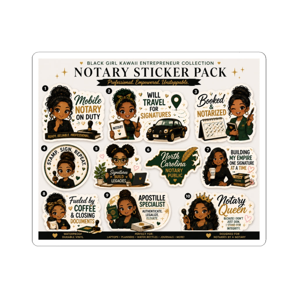 🌸 Black Girl Kawaii Notary Sticker Pack | 10-Piece Vinyl Sticker Collection