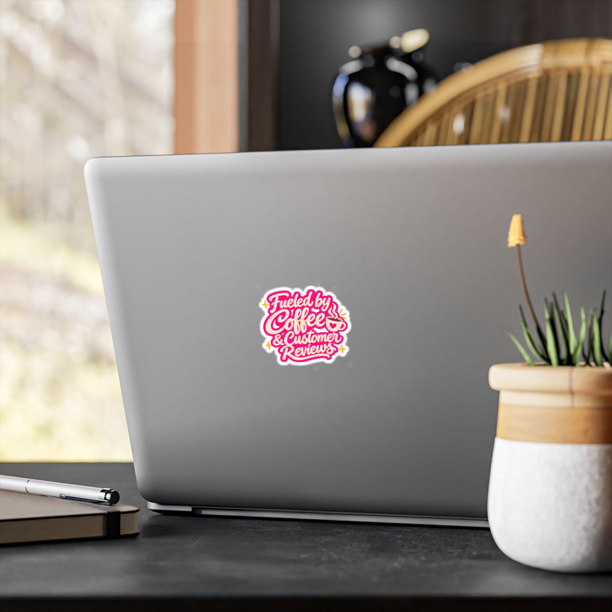 Fueled by Coffee & Customer Reviews Sticker — Small Business Owner Vinyl Decal