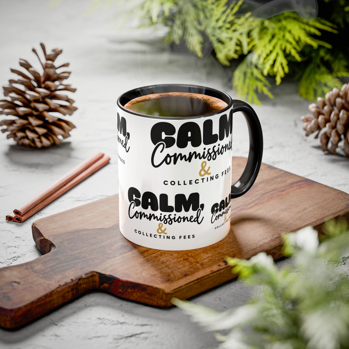 Calm, Commissioned & Collecting Fees Accent Coffee Mug — Notary Public Gift