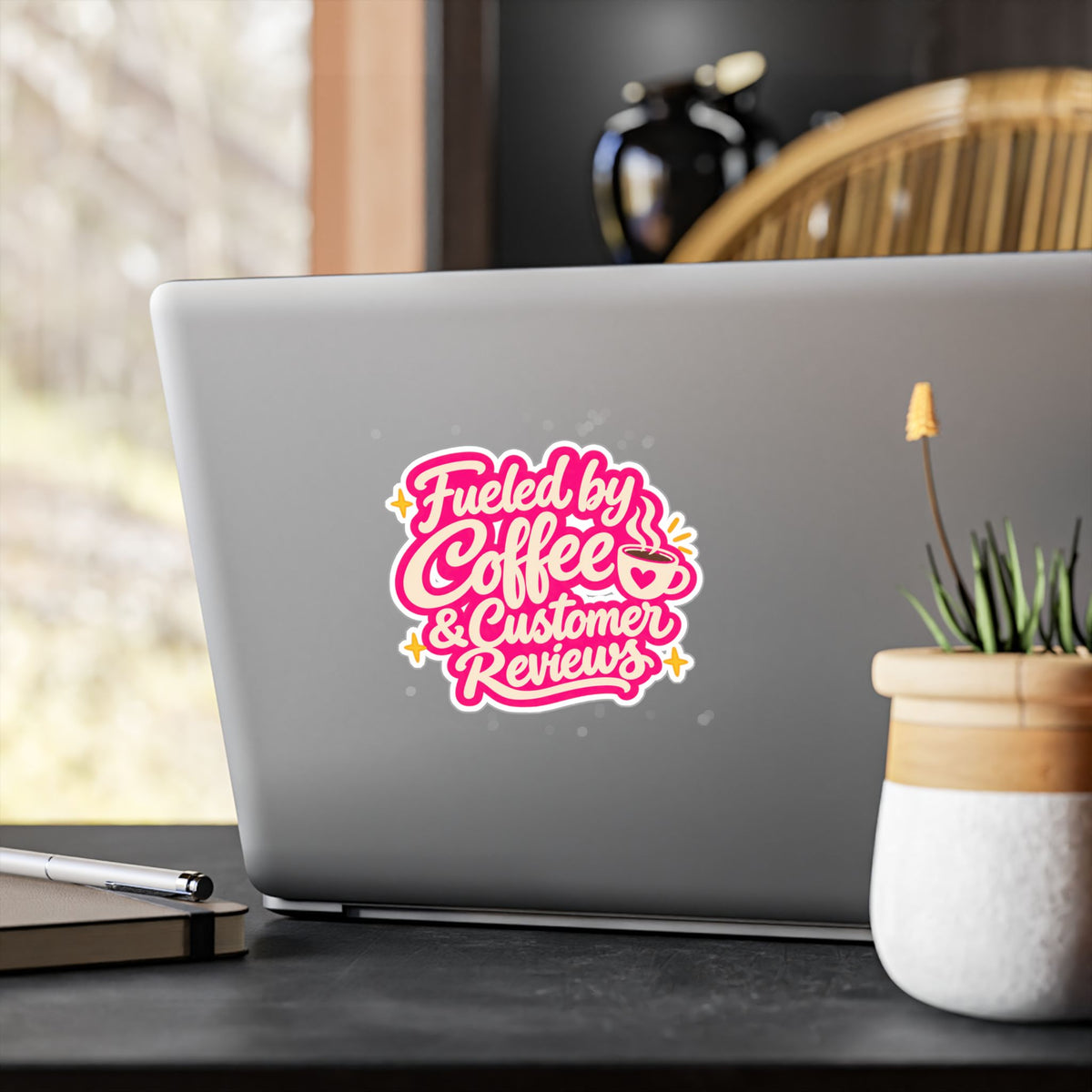 Fueled by Coffee & Customer Reviews Sticker — Small Business Owner Vinyl Decal