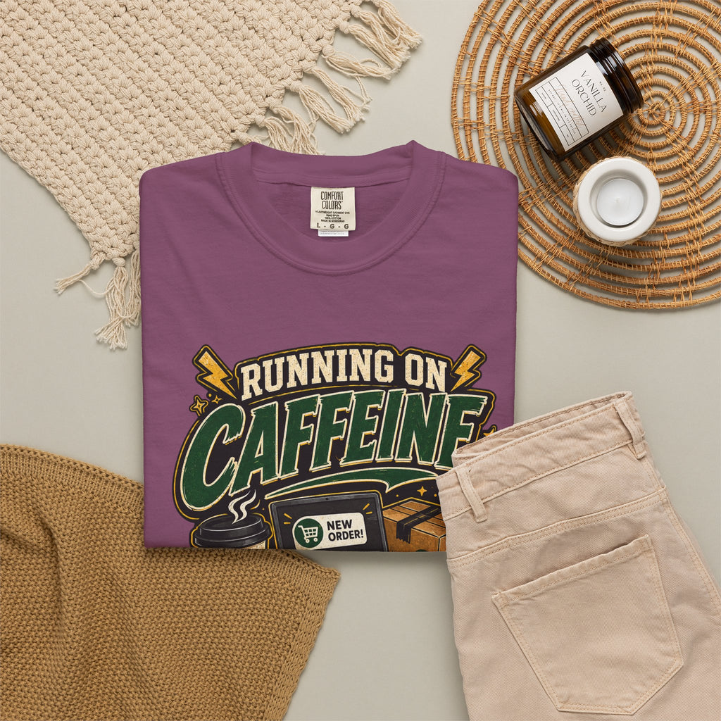 Funny Small Business Owner T-Shirt — “Running on Caffeine, Orders & Audacity” Graphic Tee