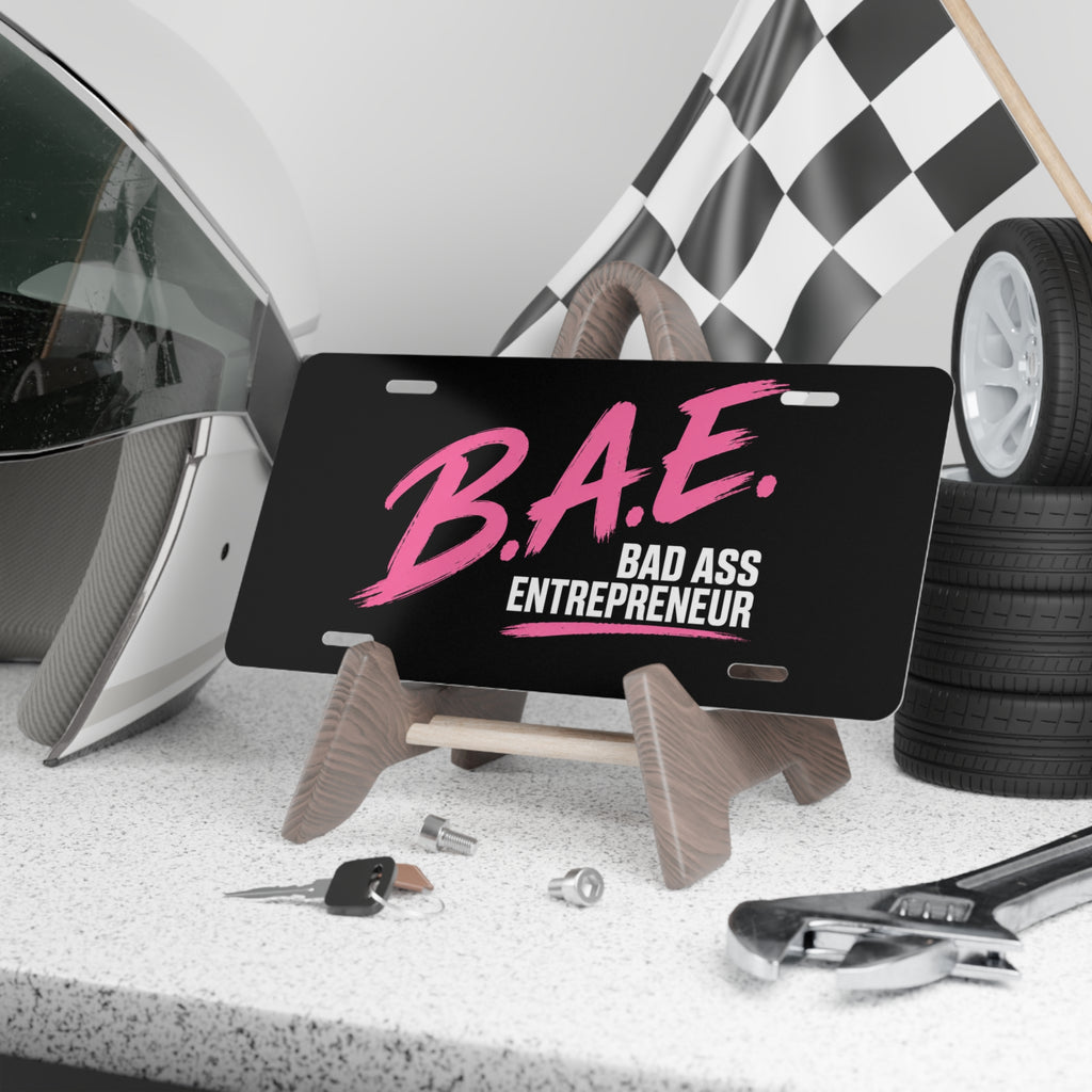 B.A.E. Bad Ass Entrepreneur Aluminum License Plate — Pink & Black Business Owner Car Tag