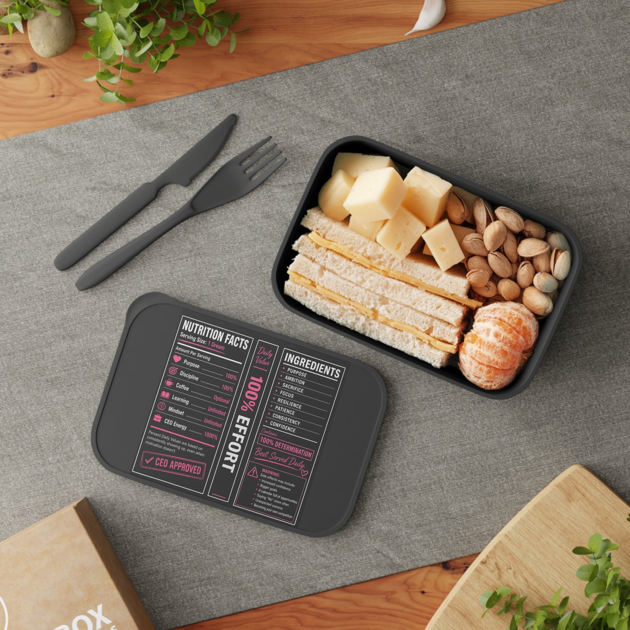 Motivation Nutrition Facts Bento Box with Utensils | Meal Prep Lunch Box for Entrepreneurs & Goal Getters