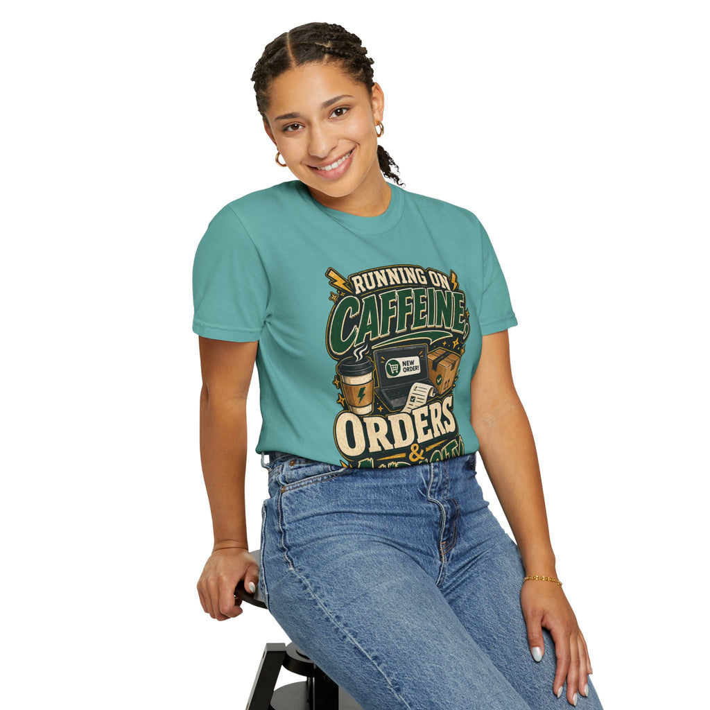 Funny Small Business Owner T-Shirt — “Running on Caffeine, Orders & Audacity” Graphic Tee