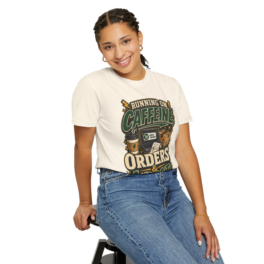 Funny Small Business Owner T-Shirt — “Running on Caffeine, Orders & Audacity” Graphic Tee