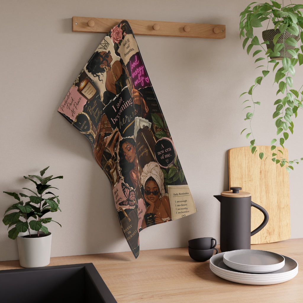 I Am Becoming Her Tea Towel — Empowerment Collage Cotton Kitchen Towel
