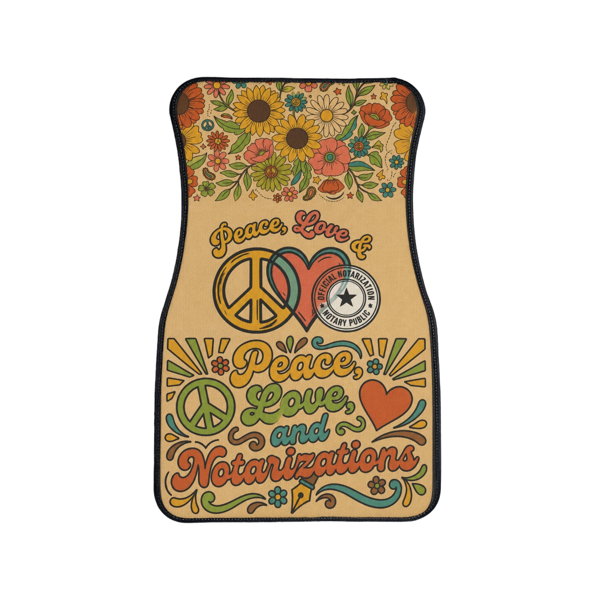 Peace, Love & Notarizations Car Floor Mats ☮️❤️🖋️ — Retro Boho Floral Auto Mat