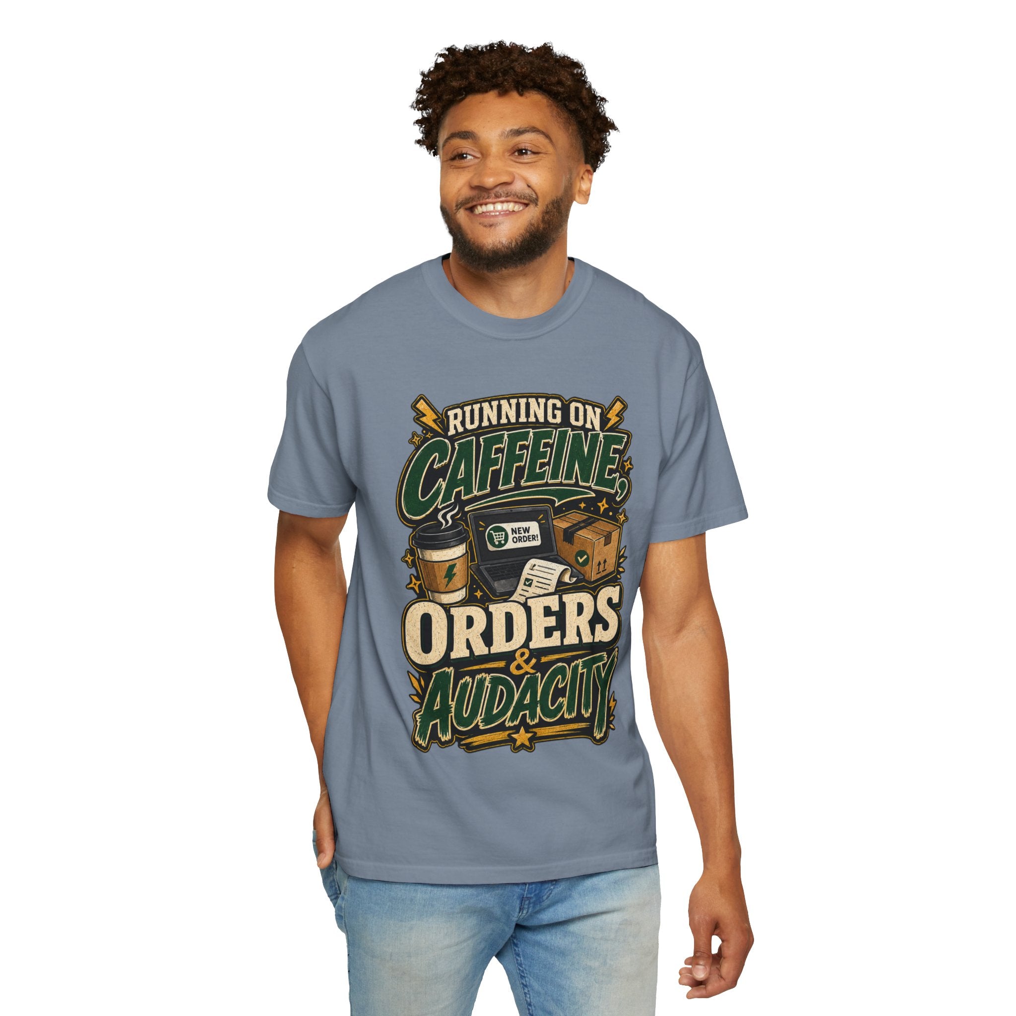 Funny Small Business Owner T-Shirt — “Running on Caffeine, Orders & Audacity” Graphic Tee