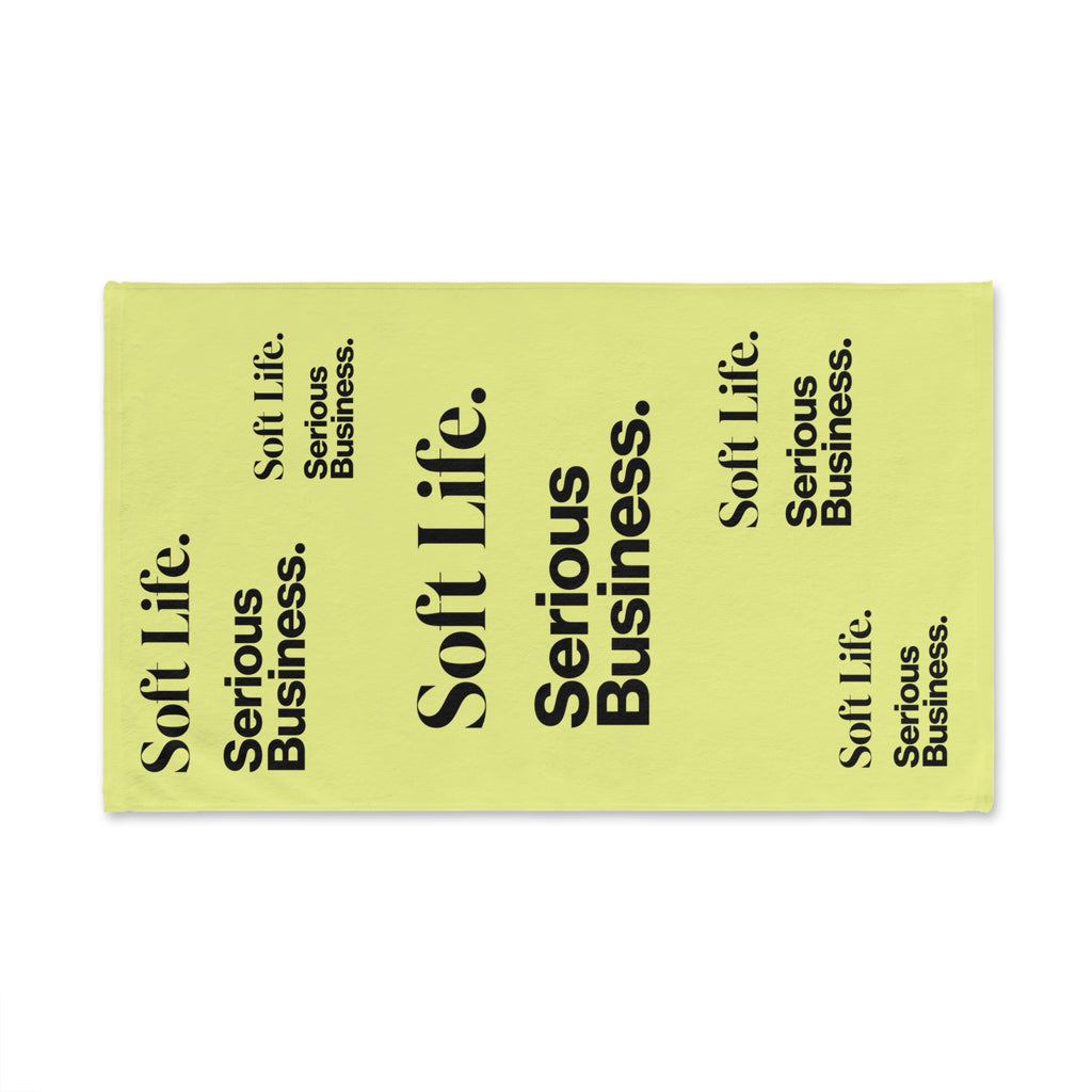 Soft Life. Serious Business. Pastel Yellow Hand Towel — Bold Minimal Text Pattern