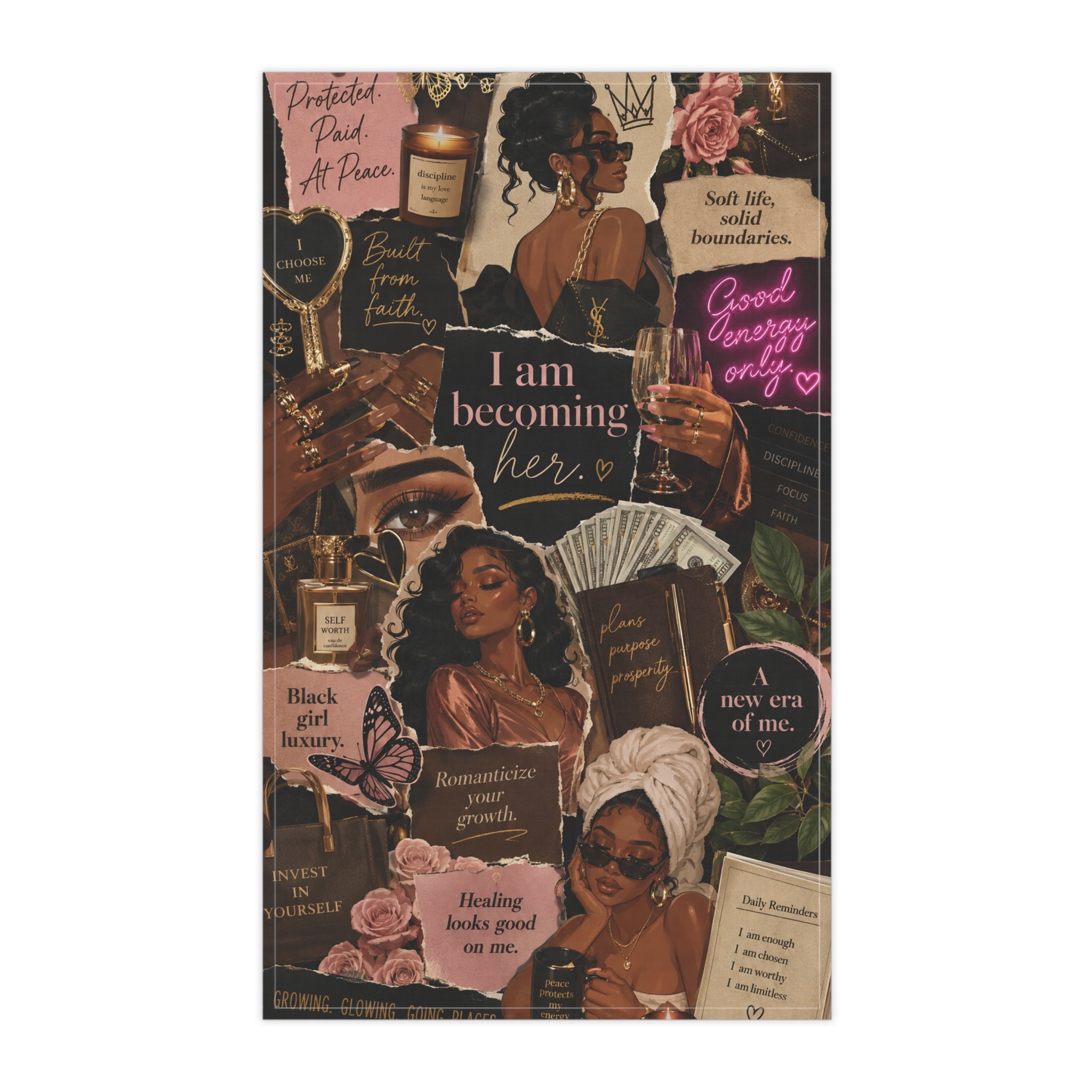 I Am Becoming Her Tea Towel — Empowerment Collage Cotton Kitchen Towel