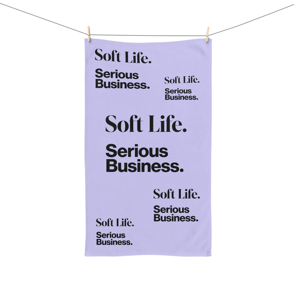 Soft Life. Serious Business. Lavender Hand Towel — Trendy Minimal Text Pattern