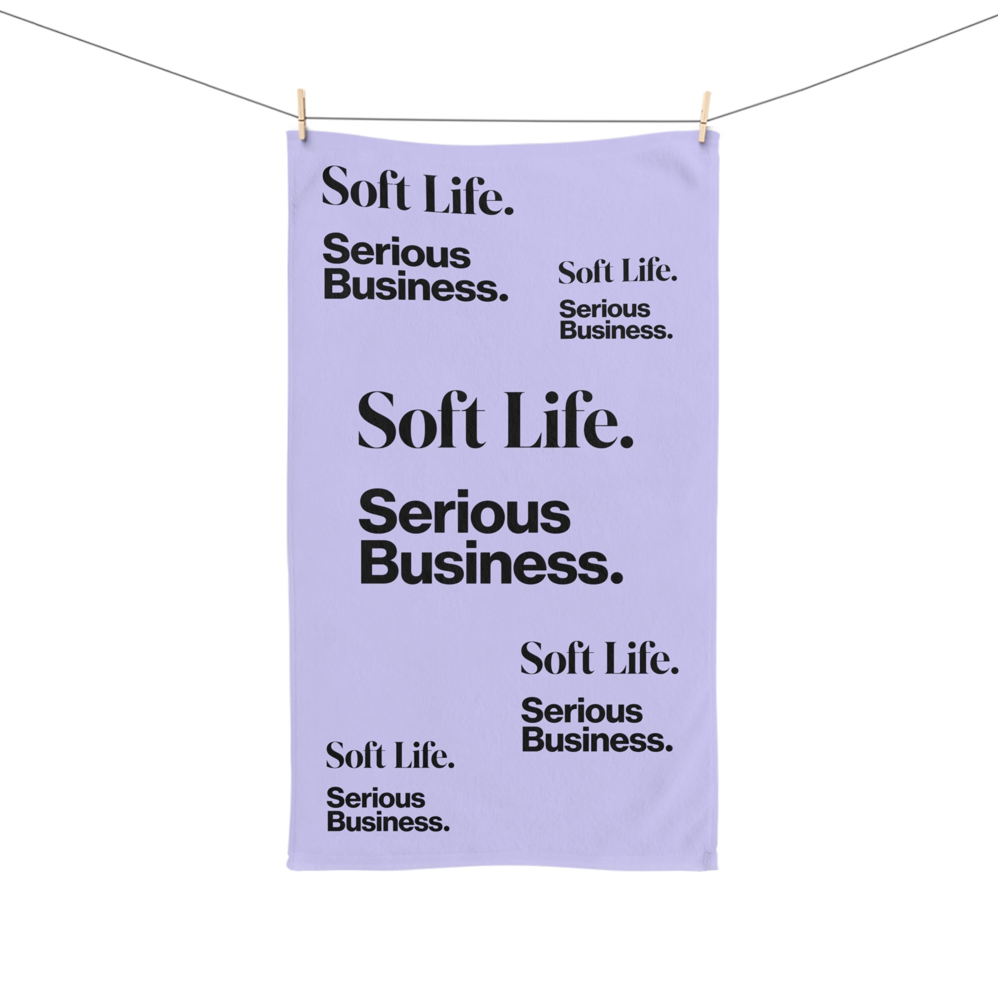 Soft Life. Serious Business. Lavender Hand Towel — Trendy Minimal Text Pattern