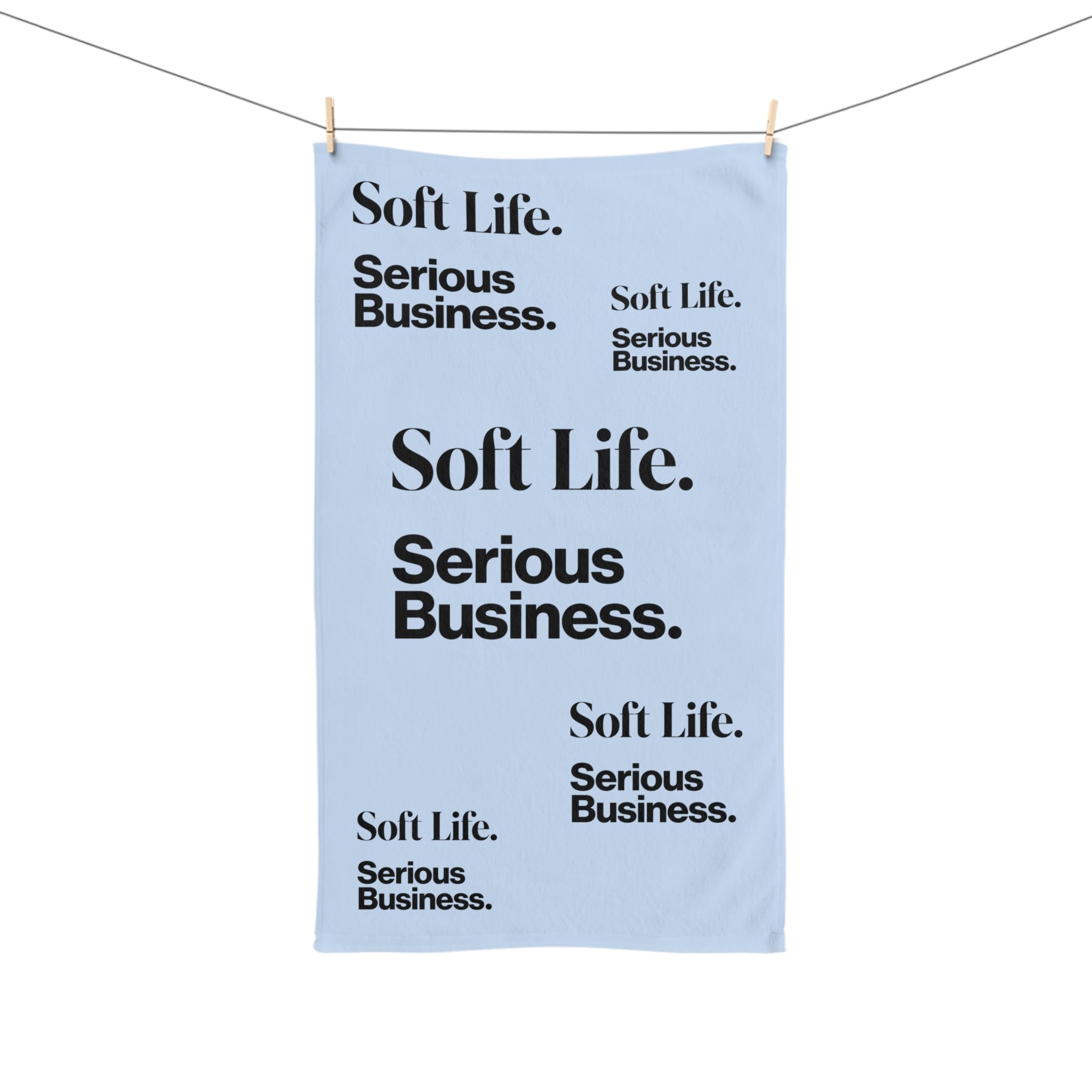 Soft Life. Serious Business. Baby Blue Hand Towel — Trendy Minimal Text Pattern