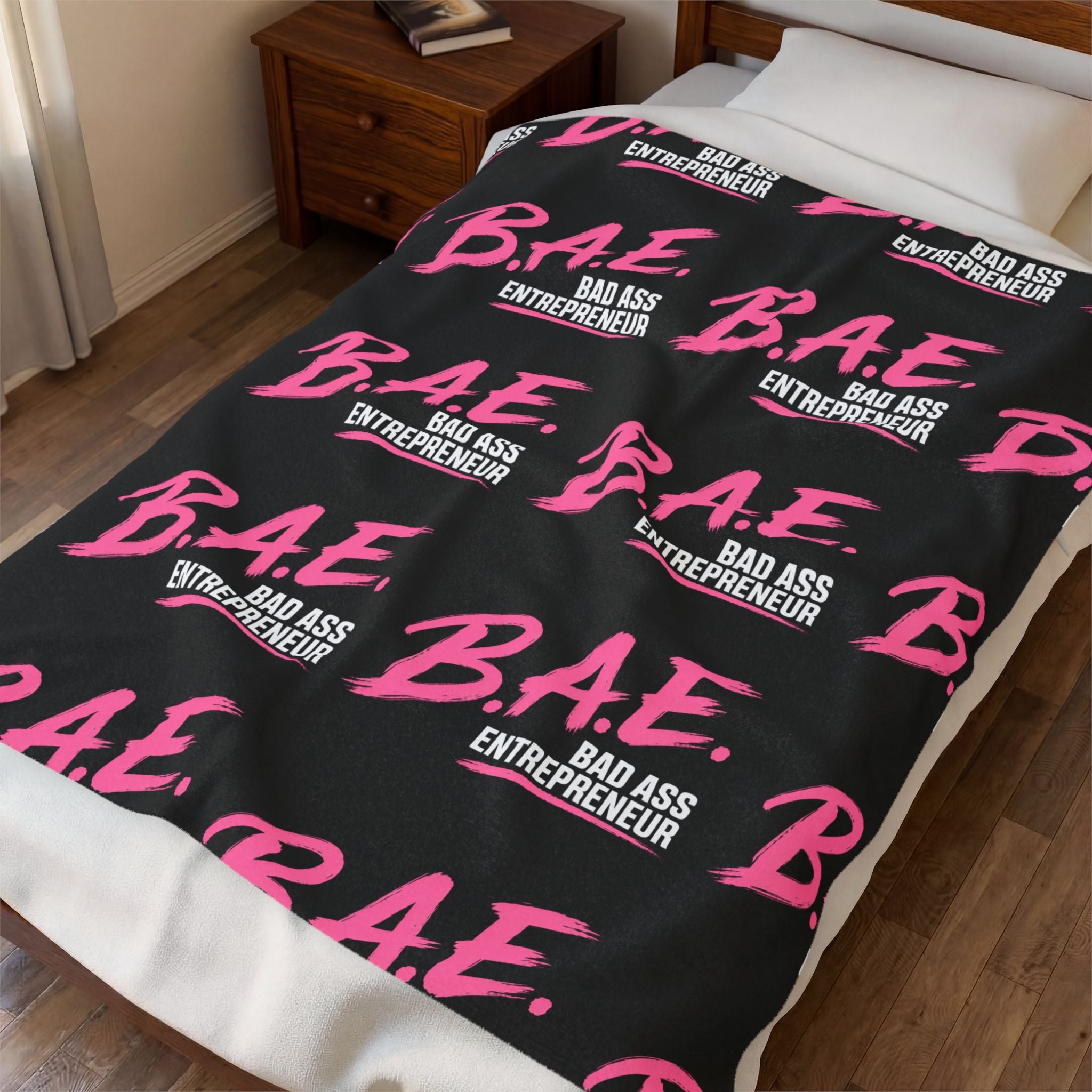 B.A.E. Bad Ass Entrepreneur Velveteen Plush Blanket | Bold Black & Pink Business Owner Gift