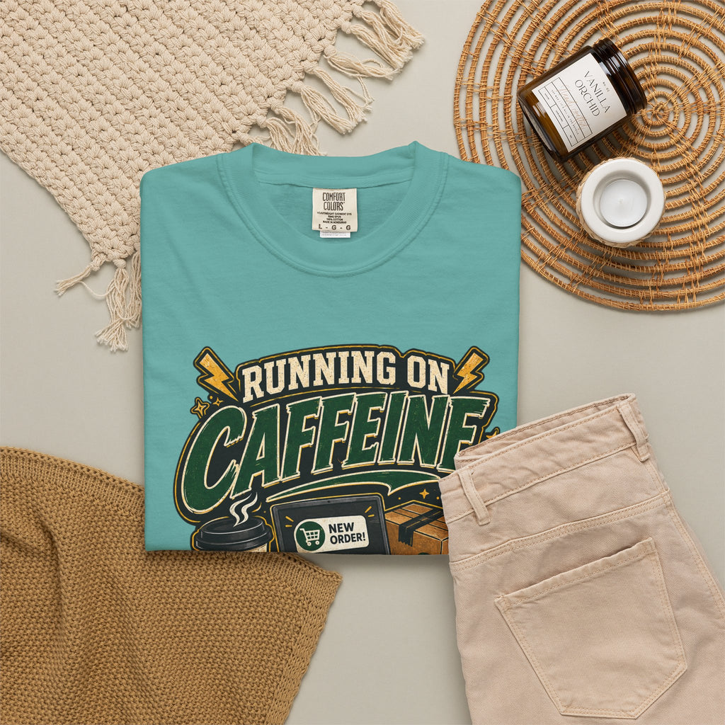 Funny Small Business Owner T-Shirt — “Running on Caffeine, Orders & Audacity” Graphic Tee