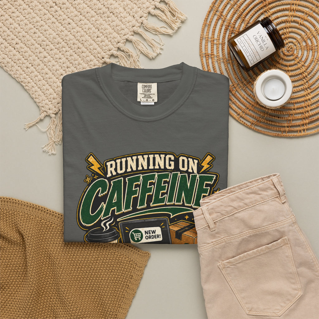 Funny Small Business Owner T-Shirt — “Running on Caffeine, Orders & Audacity” Graphic Tee