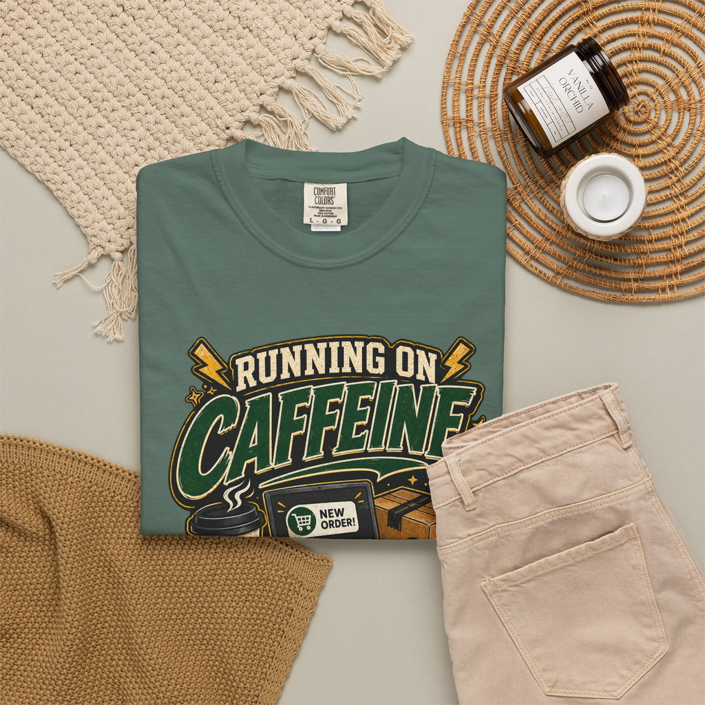 Funny Small Business Owner T-Shirt — “Running on Caffeine, Orders & Audacity” Graphic Tee