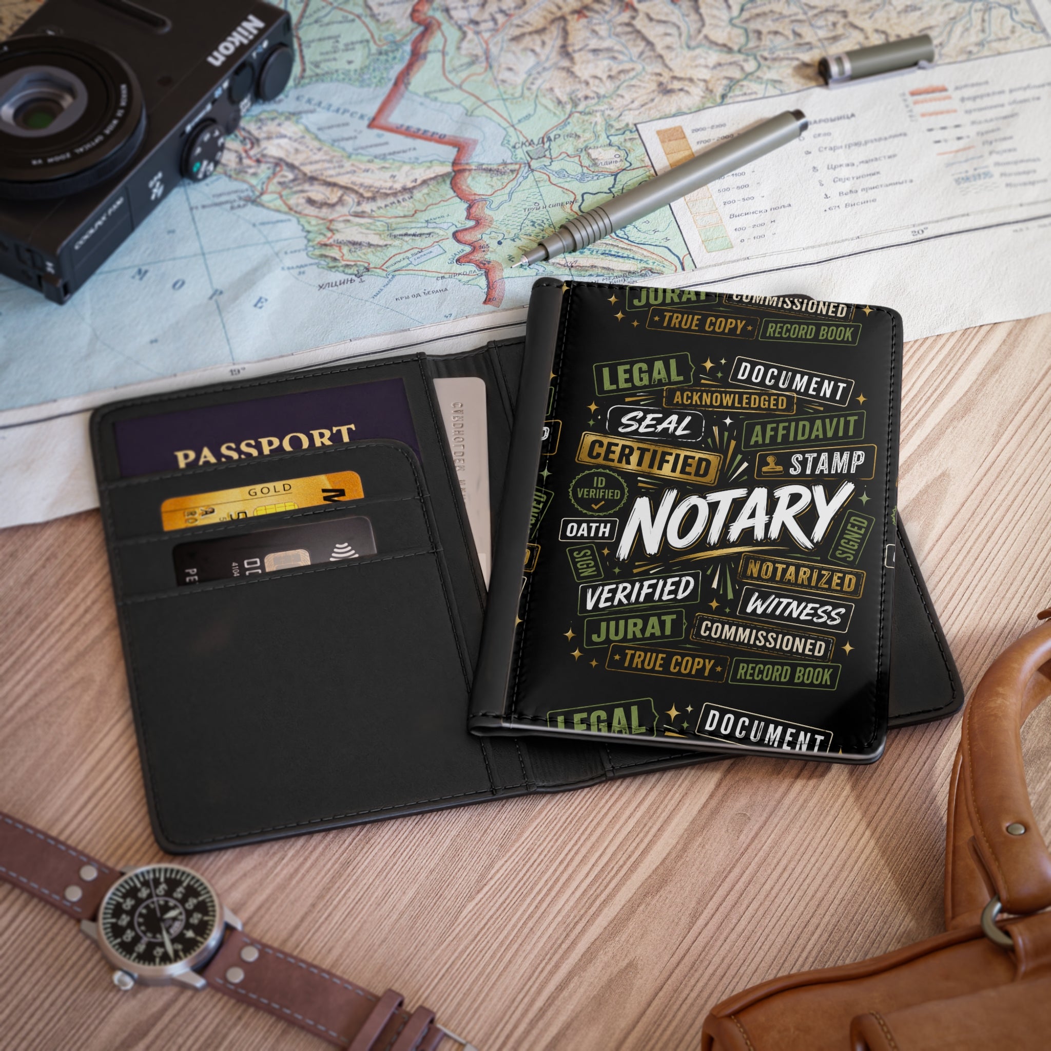 Black Notary Passport Cover | RFID Travel Wallet for Notaries, Loan Signing Agents & Legal Professionals