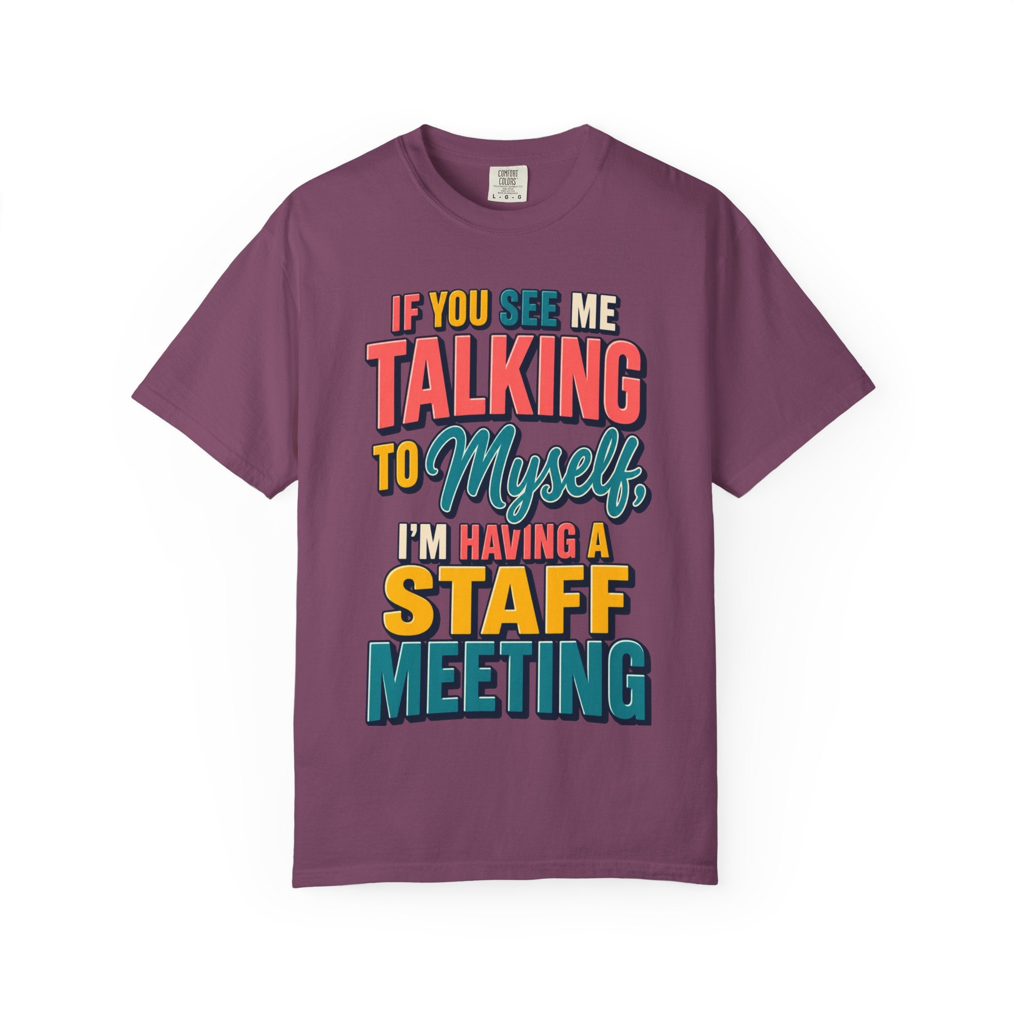 Funny Staff Meeting T-Shirt — “If You See Me Talking to Myself” Colorful Typography Graphic Tee