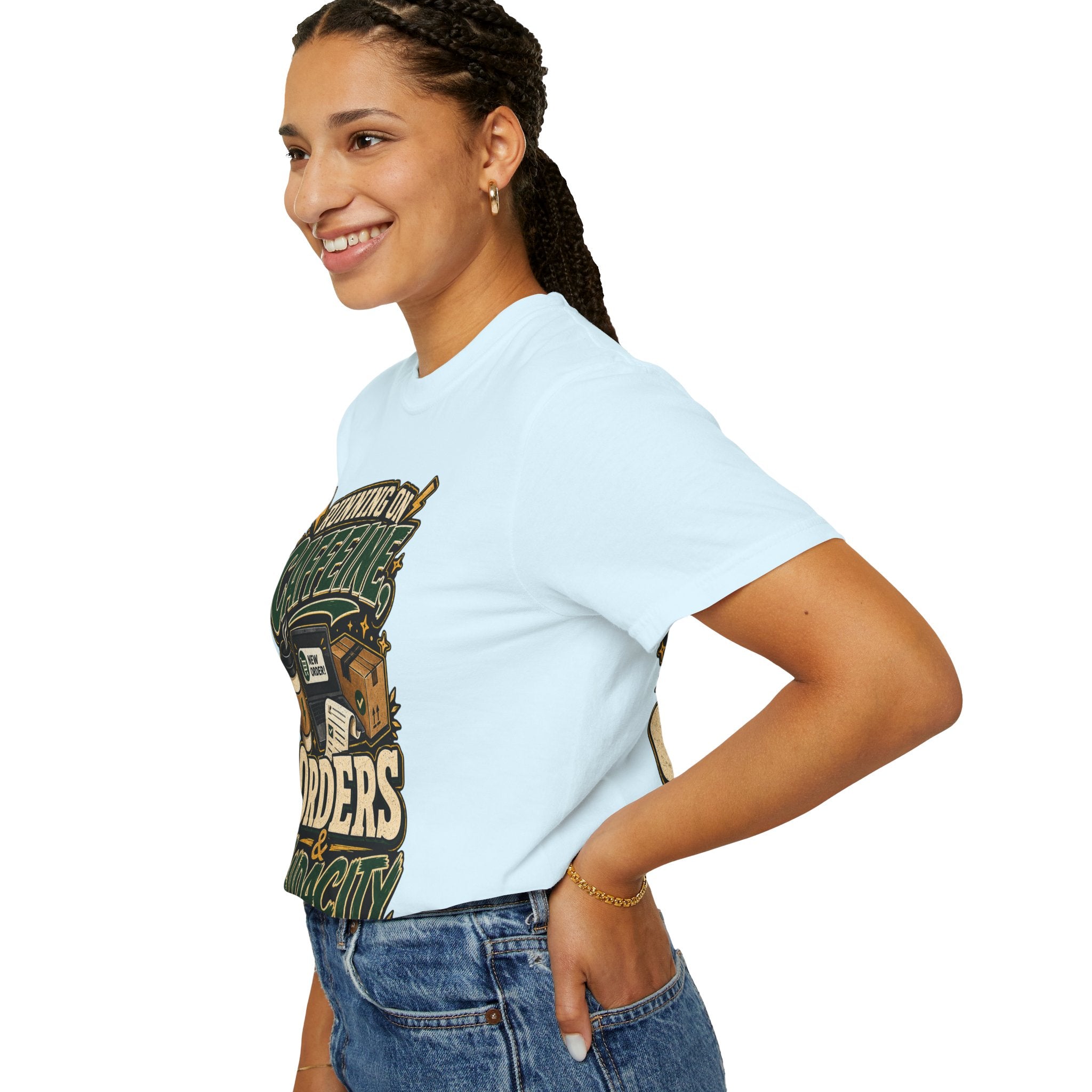 Funny Small Business Owner T-Shirt — “Running on Caffeine, Orders & Audacity” Graphic Tee