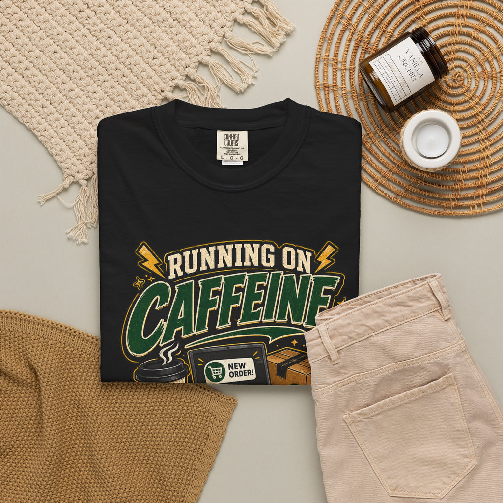 Funny Small Business Owner T-Shirt — “Running on Caffeine, Orders & Audacity” Graphic Tee