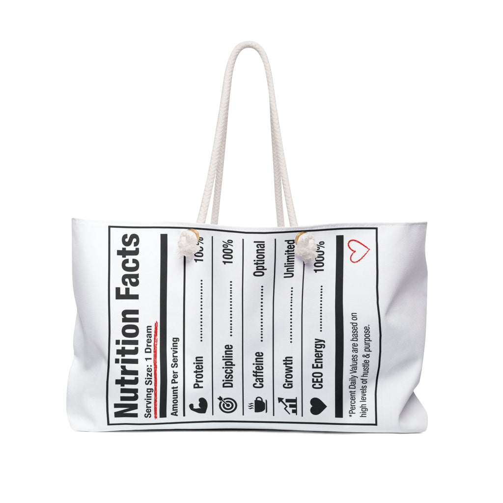 Nutrition Facts Weekender Bag – Fuel Your Hustle Travel Tote
