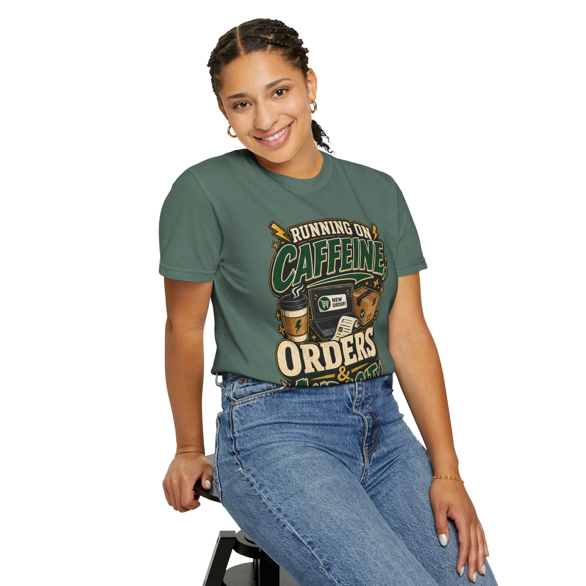 Funny Small Business Owner T-Shirt — “Running on Caffeine, Orders & Audacity” Graphic Tee