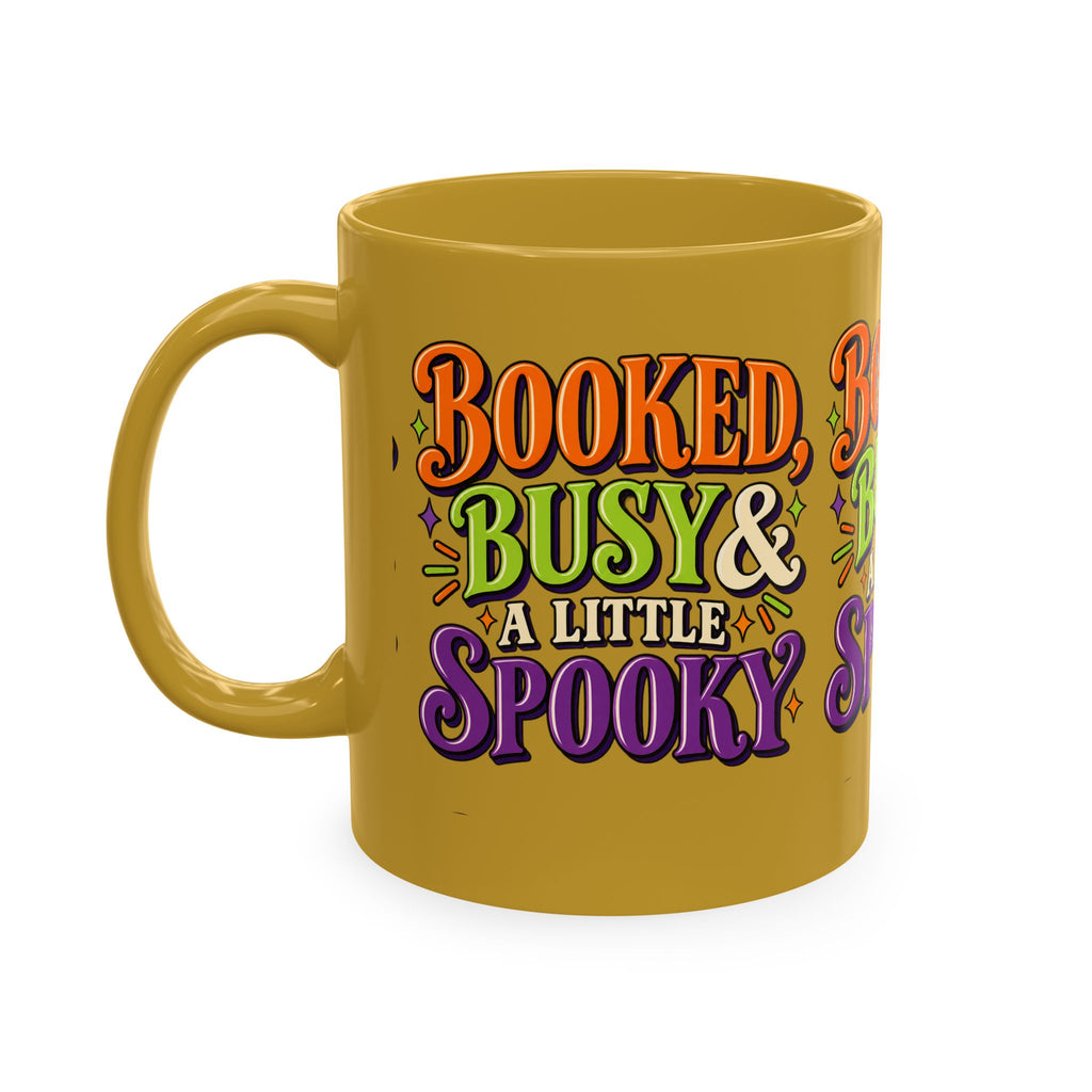 Booked, Busy & a Little Spooky Mug — Halloween Book Lover Coffee Cup