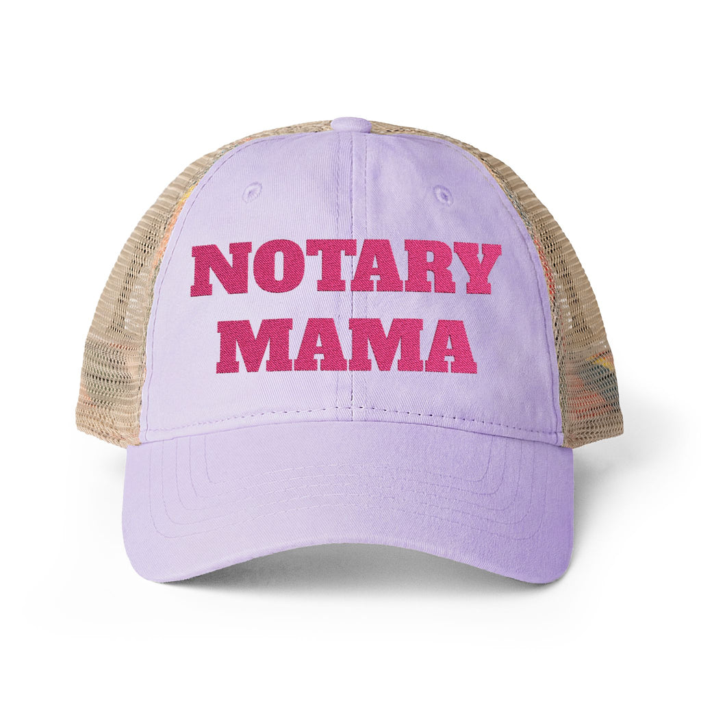 Notary Mama Women's Washed Mesh-Back Cap | Lavender Ponytail Trucker Hat with Colorful Stripe Undervisor