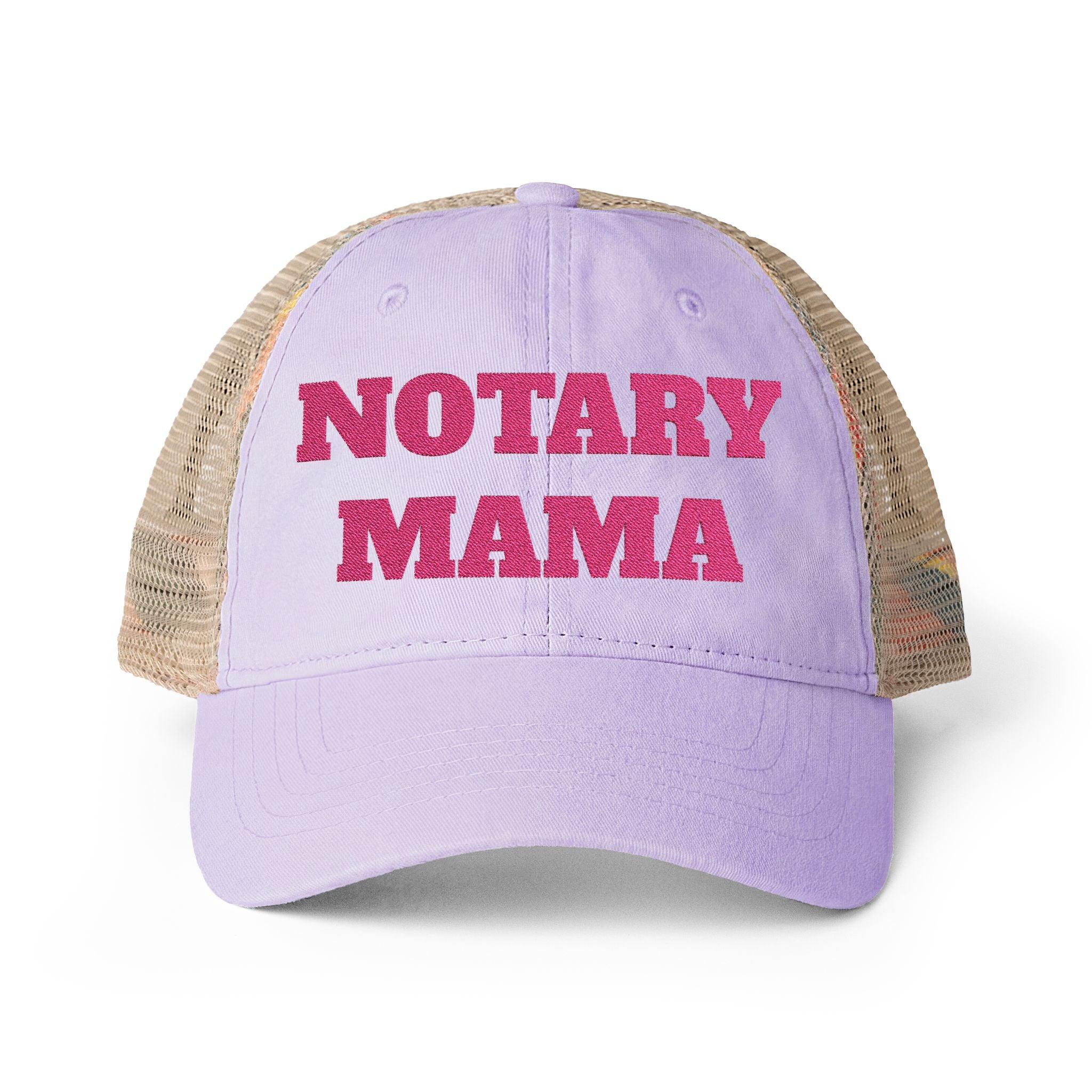 Notary Mama Women's Washed Mesh-Back Cap | Lavender Ponytail Trucker Hat with Colorful Stripe Undervisor