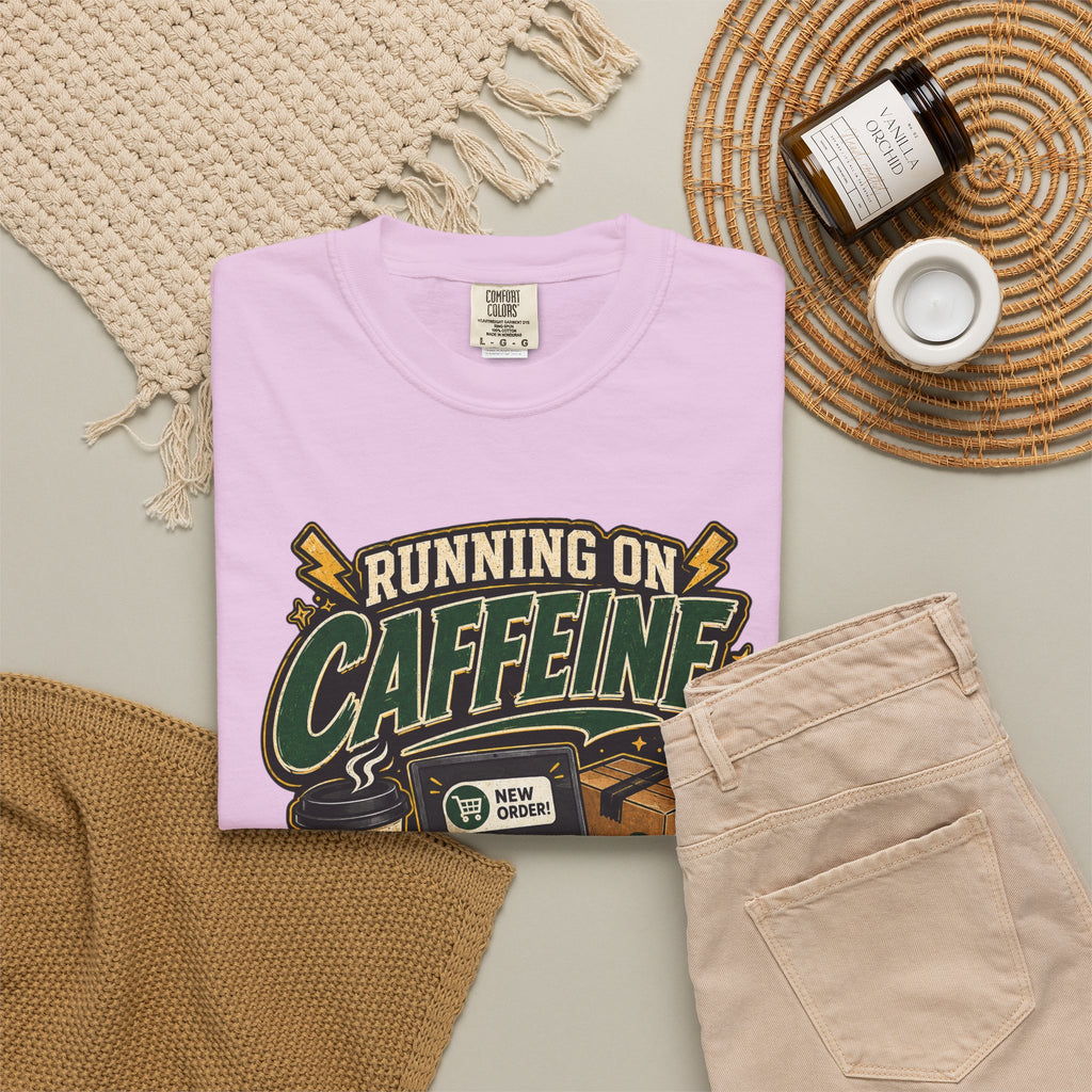 Funny Small Business Owner T-Shirt — “Running on Caffeine, Orders & Audacity” Graphic Tee