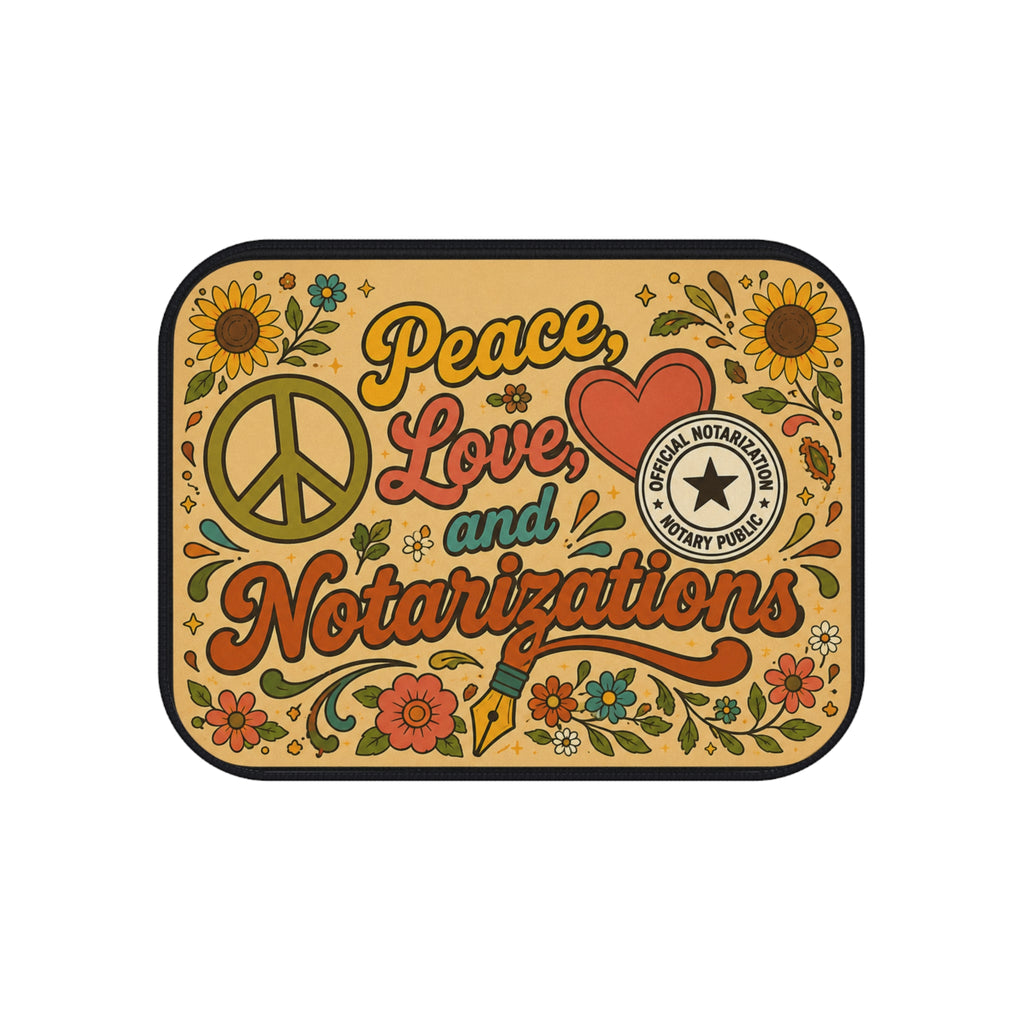 Peace, Love & Notarizations Car Floor Mats ☮️❤️🖋️ — Retro Floral Notary Floor Mats (Set of 2)