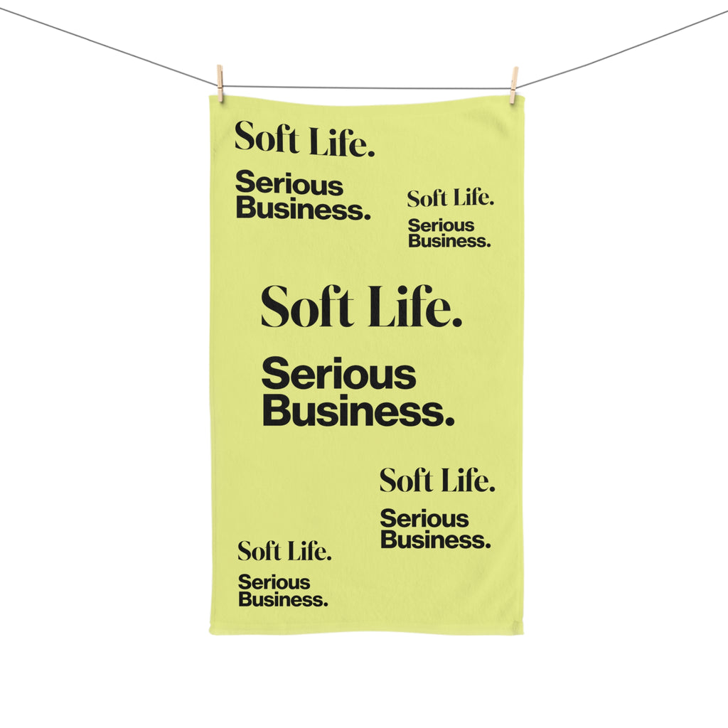 Soft Life. Serious Business. Pastel Yellow Hand Towel — Bold Minimal Text Pattern