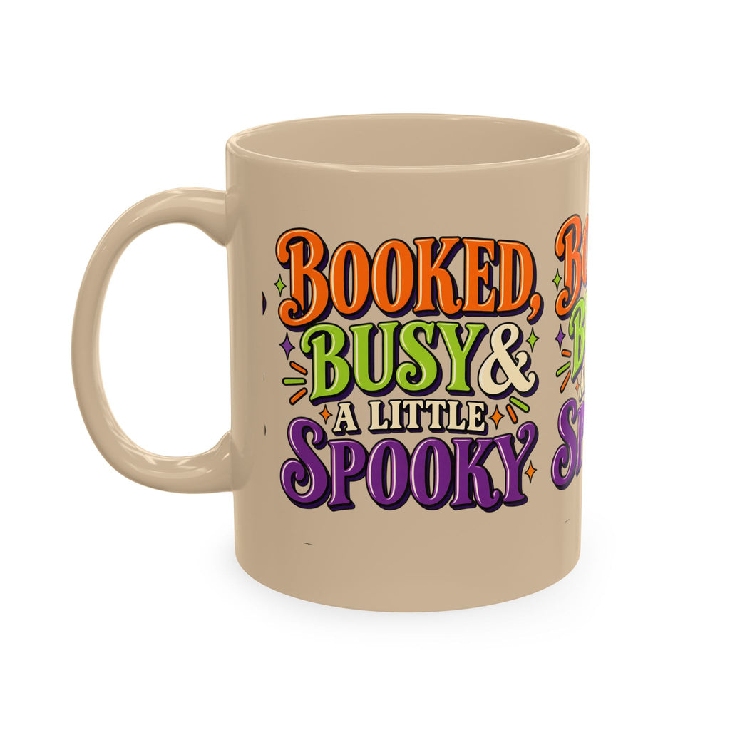 Booked, Busy & a Little Spooky Mug — Halloween Book Lover Coffee Cup